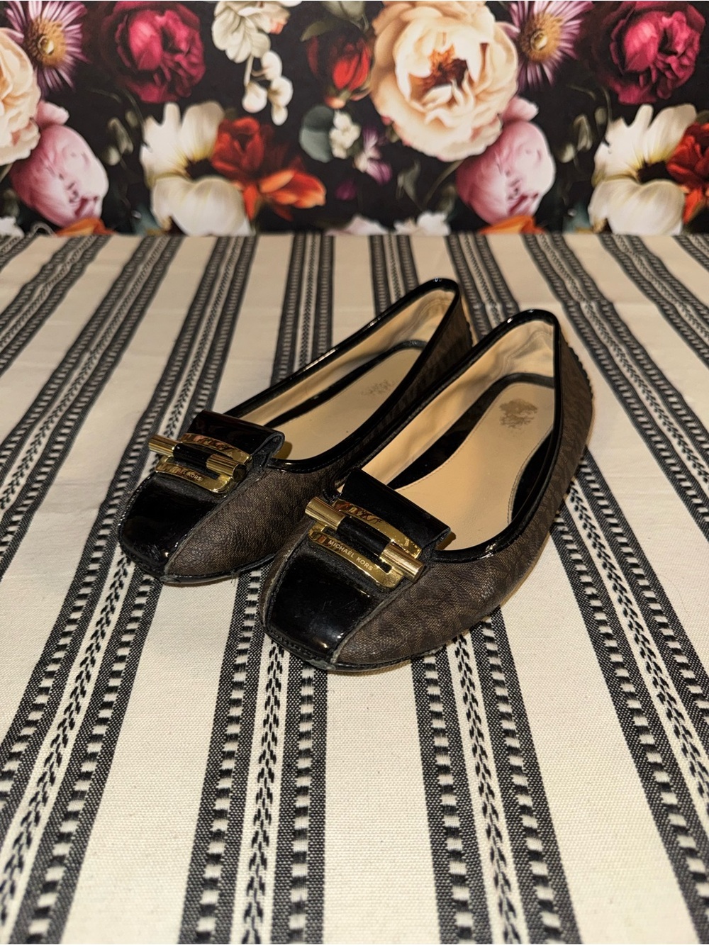 Michael Kors Brown and Black Logo Ballet Flats with Gold Buckle, 7.5